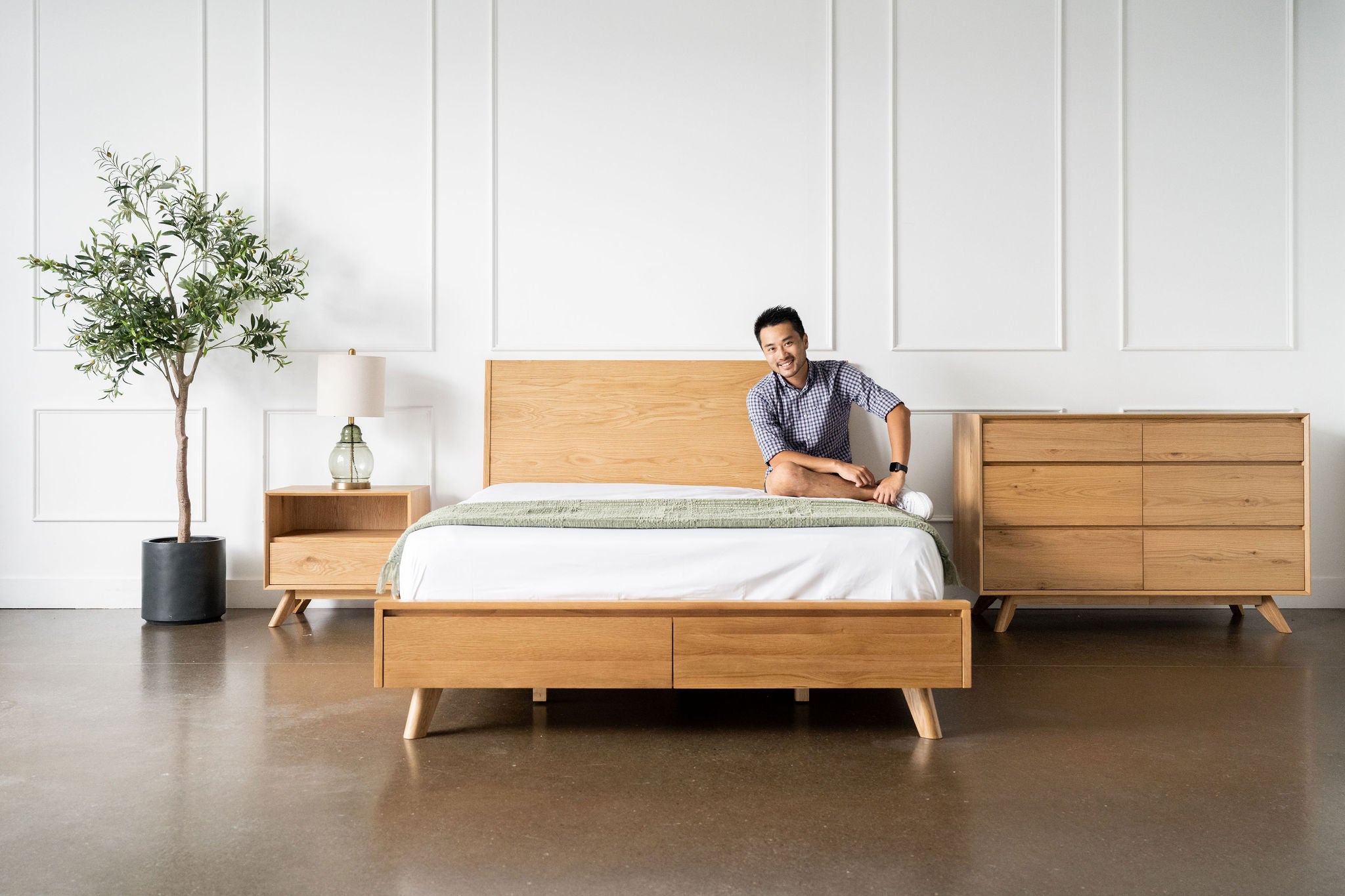 Mim Concept Joey walnut storage bed in solid wood minimal mid century modern design organic modern interior style