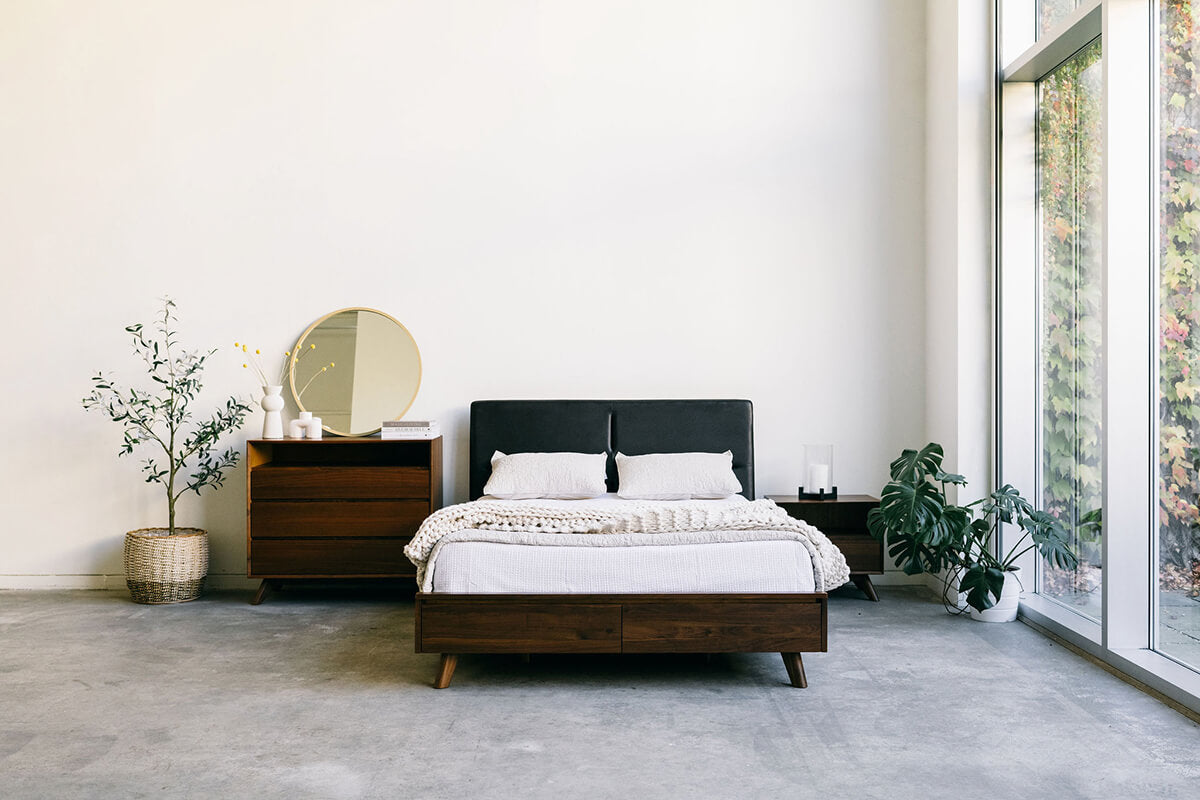 Mim Concept Salvatore Italian headboard walnut storage bed in solid wood minimal mid century modern design organic modern interior style