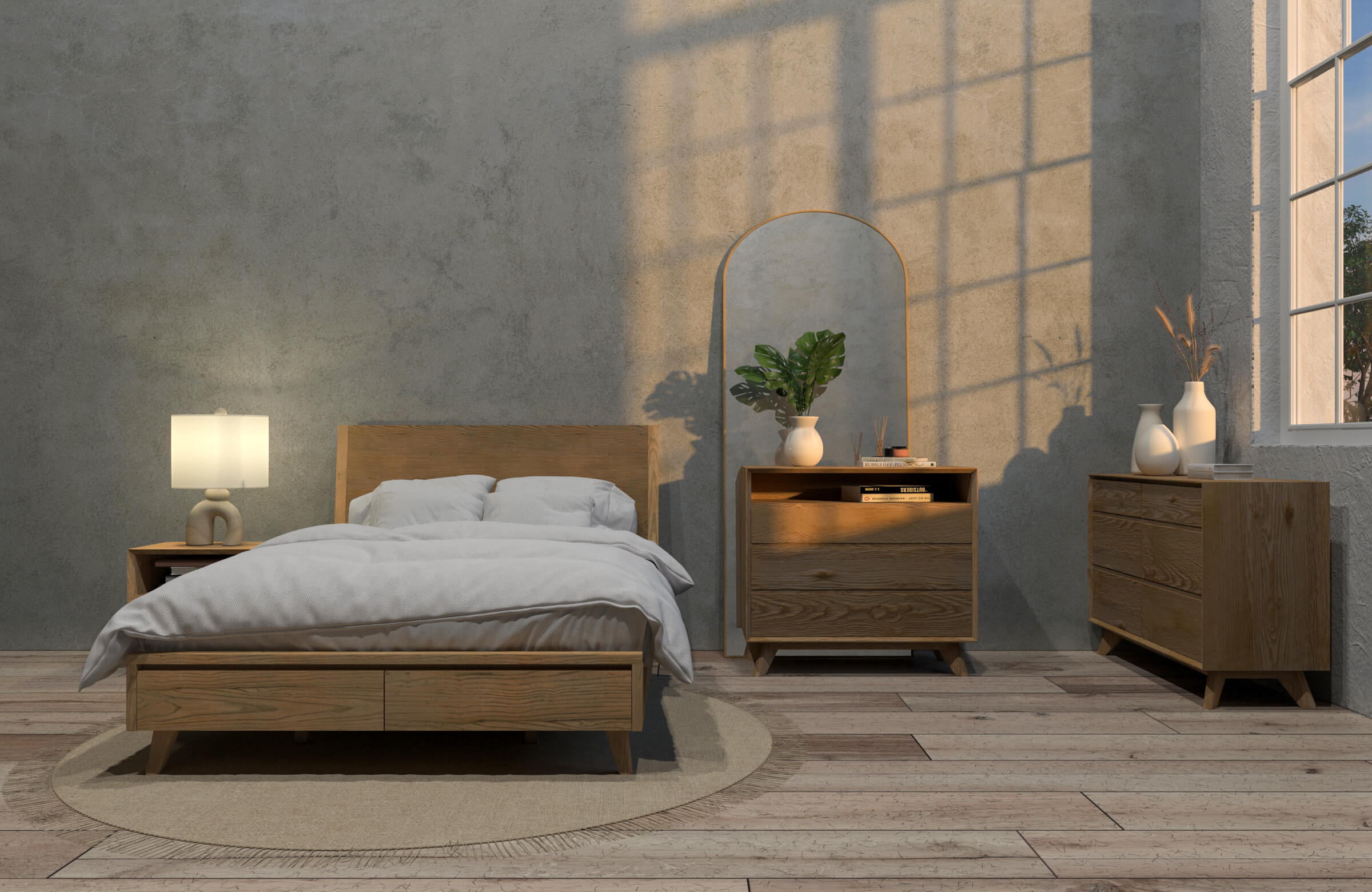 Mim Concept best Modern furniture stores in Toronto, Ottawa and Mississauga to sell modern contemporary bedroom furniture and condo furniture. Minimal mid century modern bed Low profile platform storage bed solid walnut wood modern organic