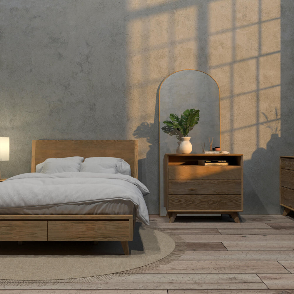 Mim Concept best Modern furniture stores in Toronto, Ottawa and Mississauga to sell modern contemporary bedroom furniture and condo furniture. Minimal mid century modern bed Low profile platform storage bed solid walnut wood modern organic