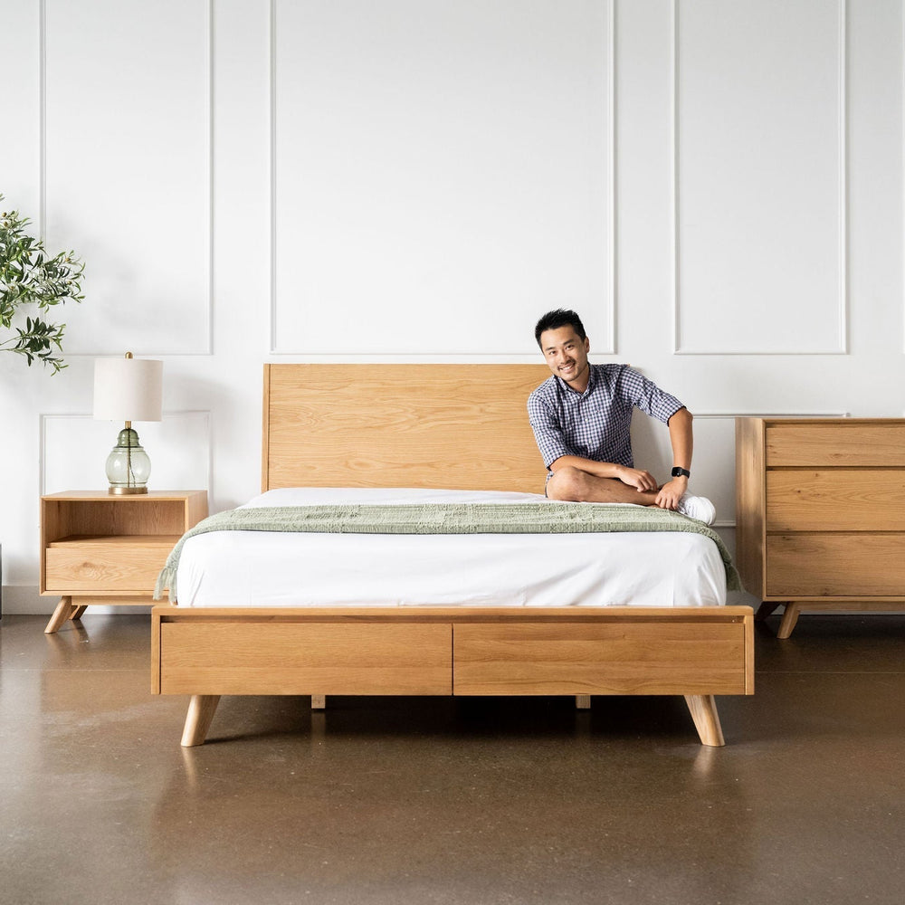 Mim Concept Joey walnut storage bed in solid wood minimal mid century modern design organic modern interior style