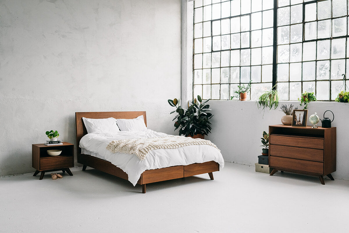 Mim Concept Joey walnut storage bed in solid wood minimal mid century modern design organic modern interior style