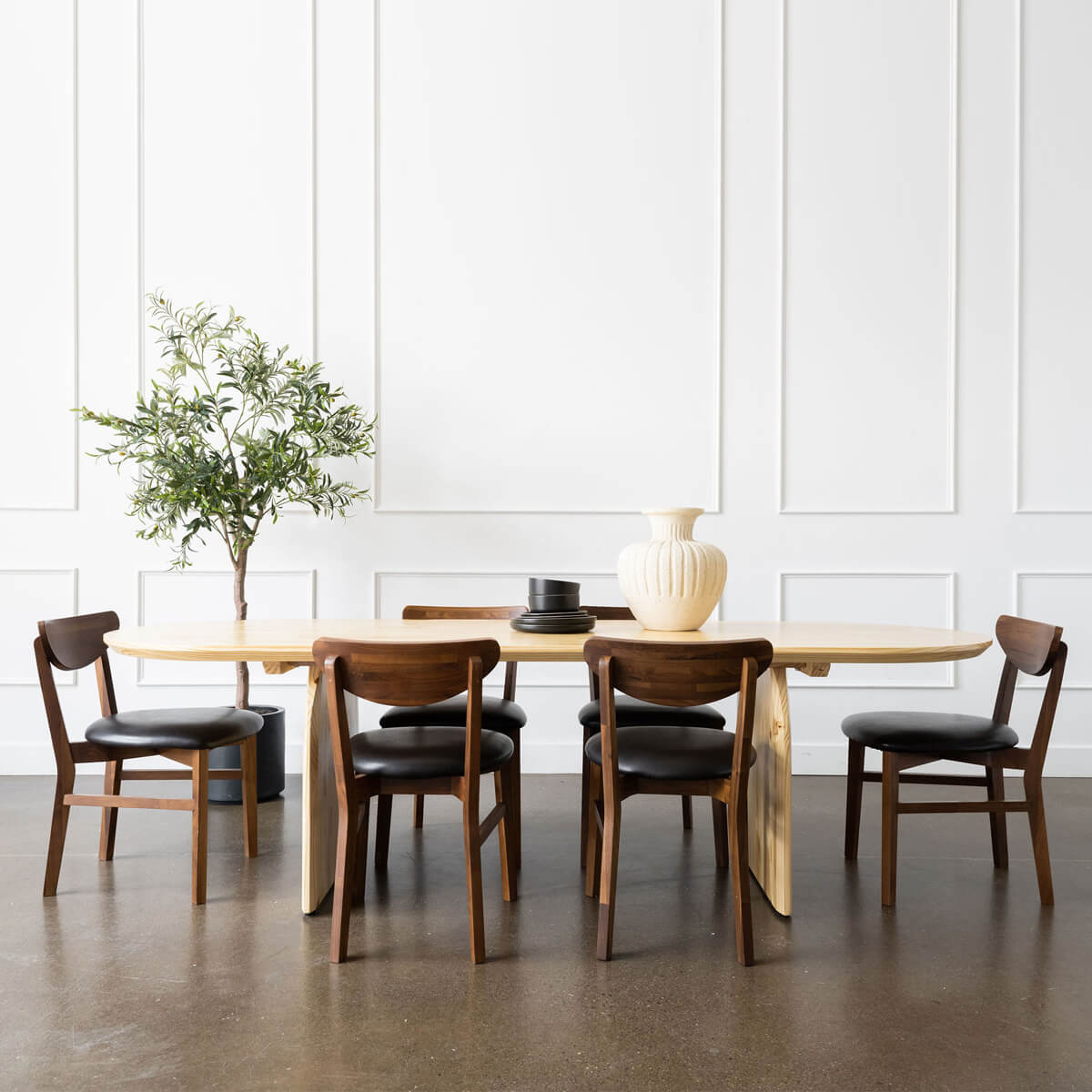 101" pine wood oval dining table and walnut chairs