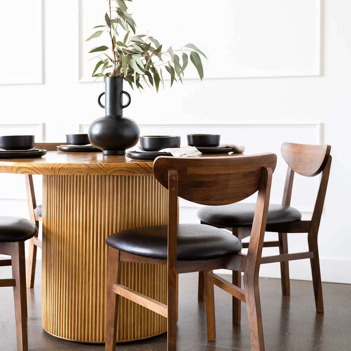 
                  
                    pine wood minimalist mid century modern round dining table set - side view
                  
                