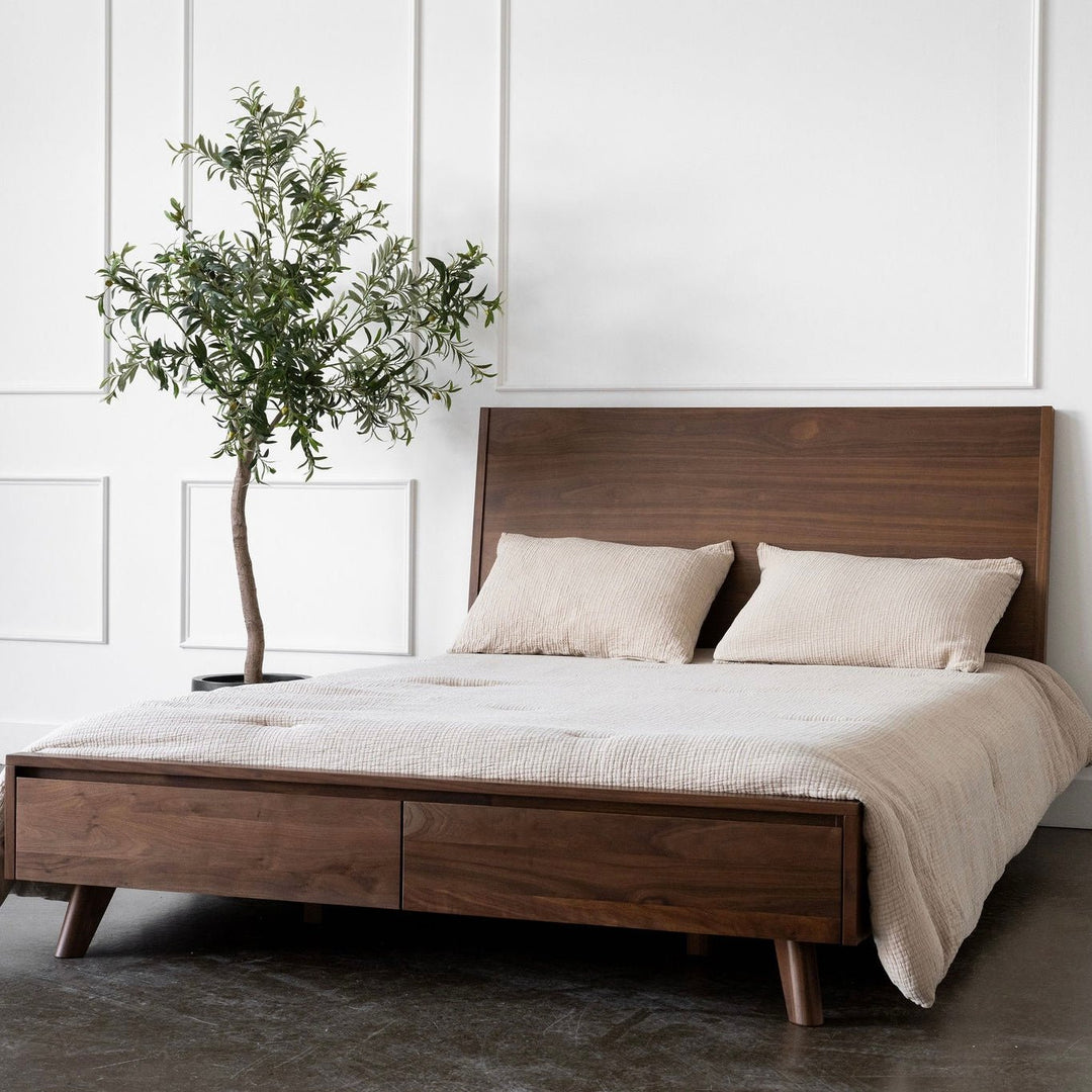 King & Queen Size Bed Set Walnut Wood Storage Bed Mim Concept