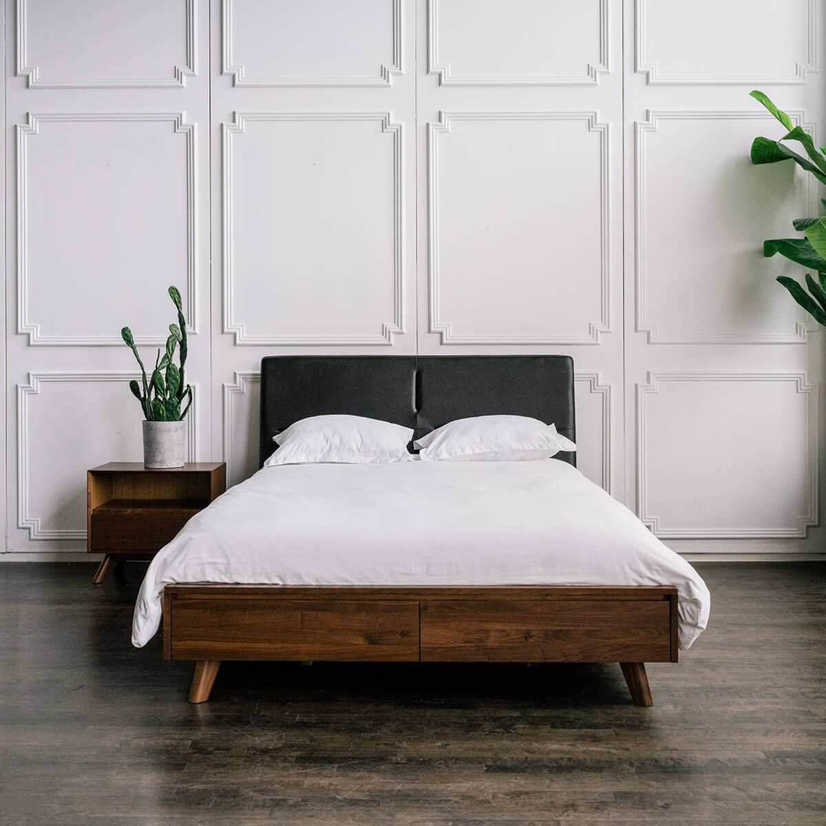 Mim Concept best Modern furniture stores in Toronto, Ottawa and Mississauga to sell modern contemporary bedroom furniture and condo furniture. Italian leather headboard bed Low profile platform storage bed solid walnut wood