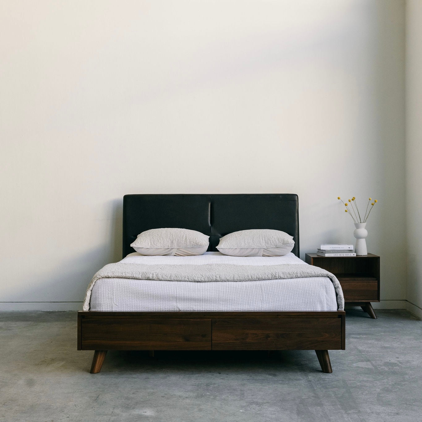 Mim Concept  best Modern furniture stores in Toronto, Ottawa and Mississauga to sell modern contemporary bedroom furniture and condo furniture. Italian leather headboard bed Low profile platform storage bed solid walnut wood