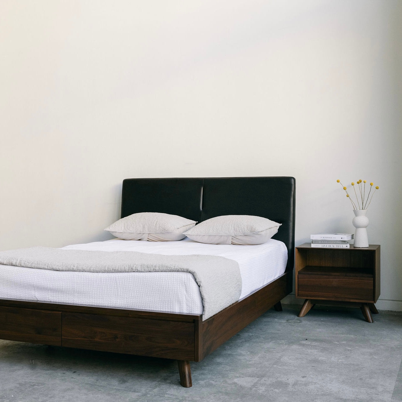 Mim Concept  best Modern furniture stores in Toronto, Ottawa and Mississauga to sell modern contemporary bedroom furniture and condo furniture. Italian leather headboard bed Low profile platform storage bed solid walnut wood