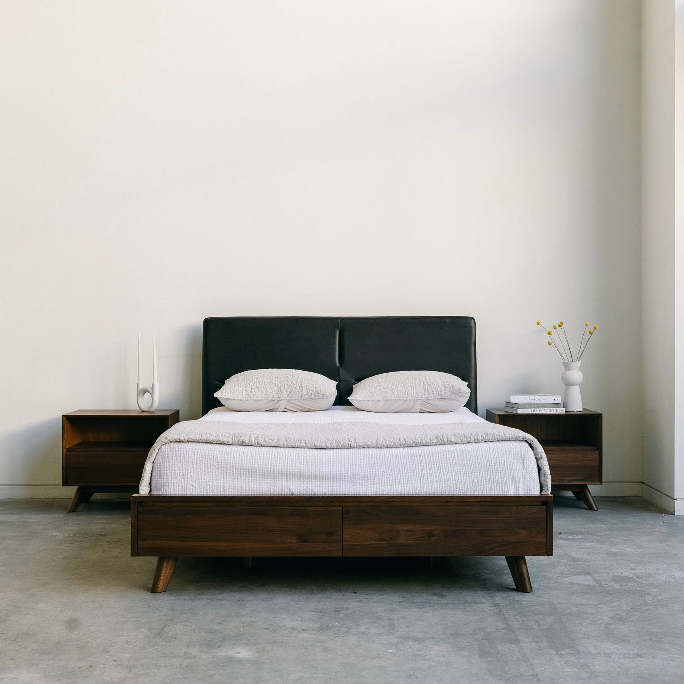 Mim Concept  best Modern furniture stores in Toronto, Ottawa and Mississauga to sell modern contemporary bedroom furniture and condo furniture. Italian leather headboard bed Low profile platform storage bed solid walnut wood