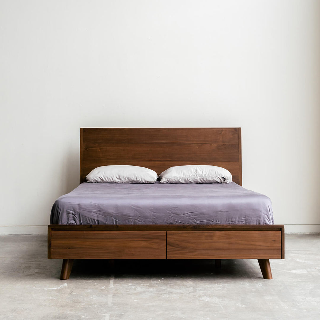 King & Queen Size Bed Set Walnut Wood Storage Bed Mim Concept