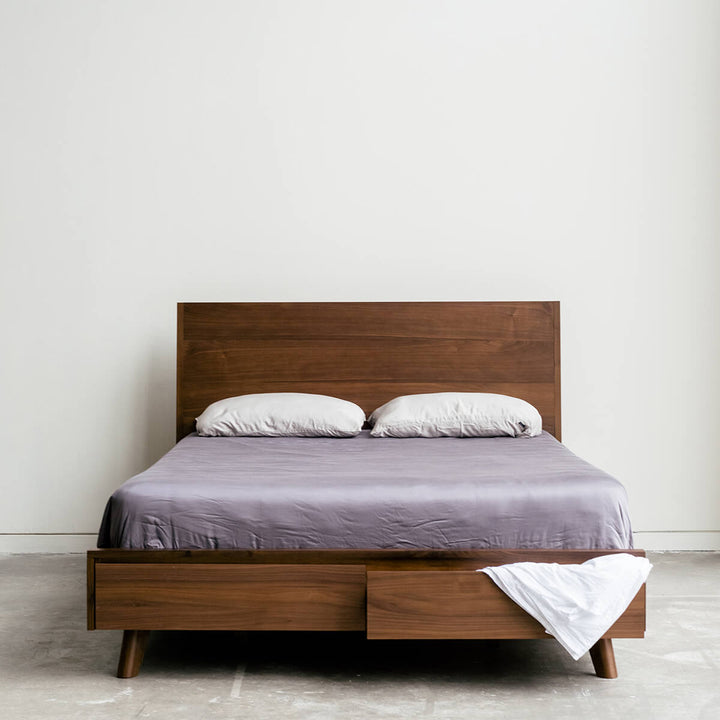 King & Queen Size Bed Set Walnut Wood Storage Bed Mim Concept