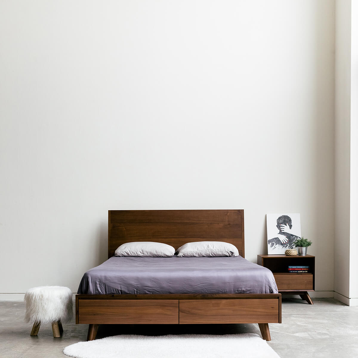 Mim Concept  best Modern furniture stores in Toronto, Ottawa and Mississauga to sell modern contemporary bedroom furniture and condo furniture. Minimal mid century modern bed Low profile platform storage bed solid walnut wood modern organic