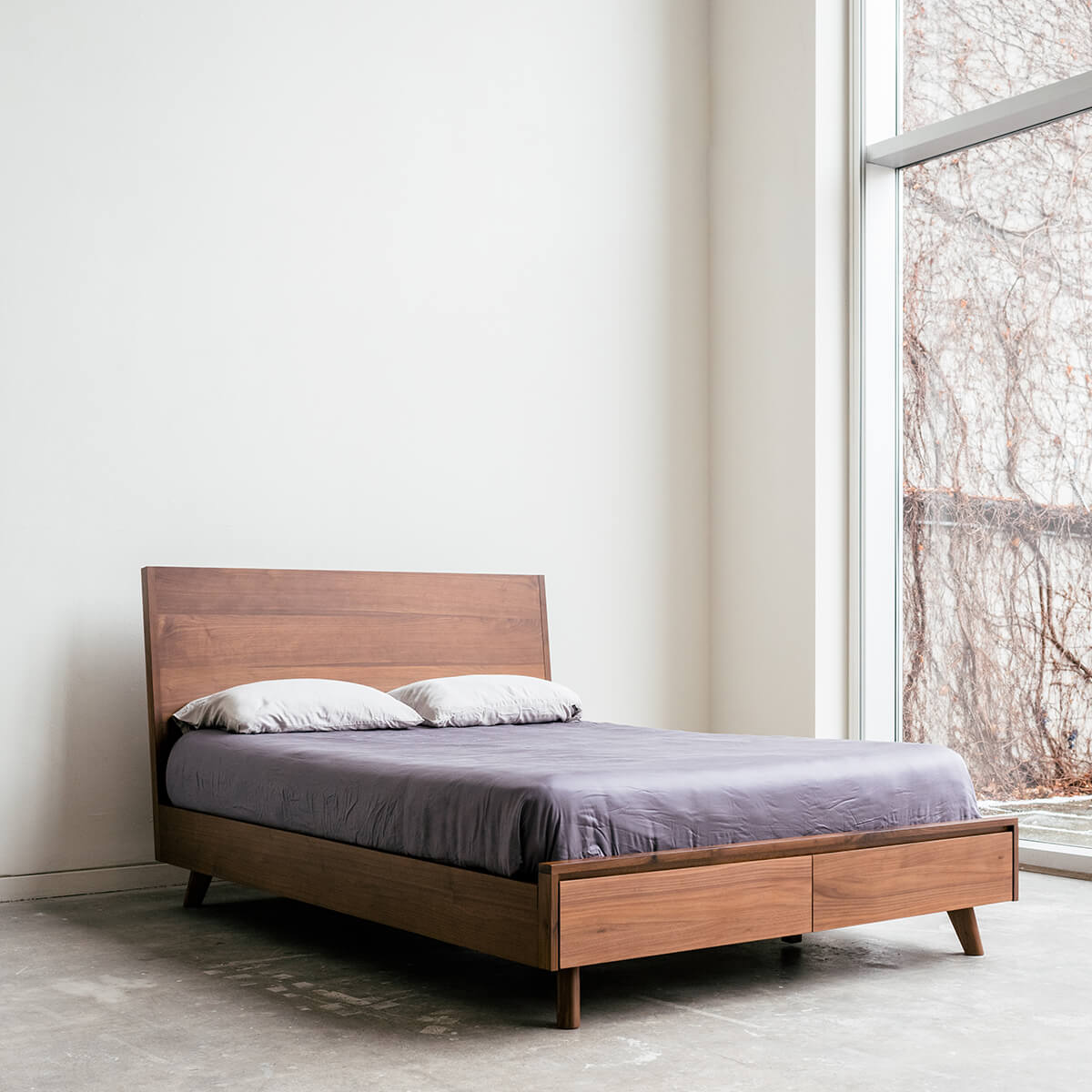 King Queen Size Bed Set Walnut Wood Storage Bed Mim Concept